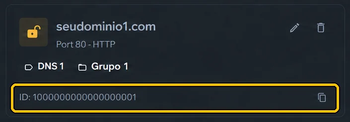 Cada DNS ganha um **ID** (só números): é ele que o Sigma e o seu sistema pedem. Copie no ícone ao lado.